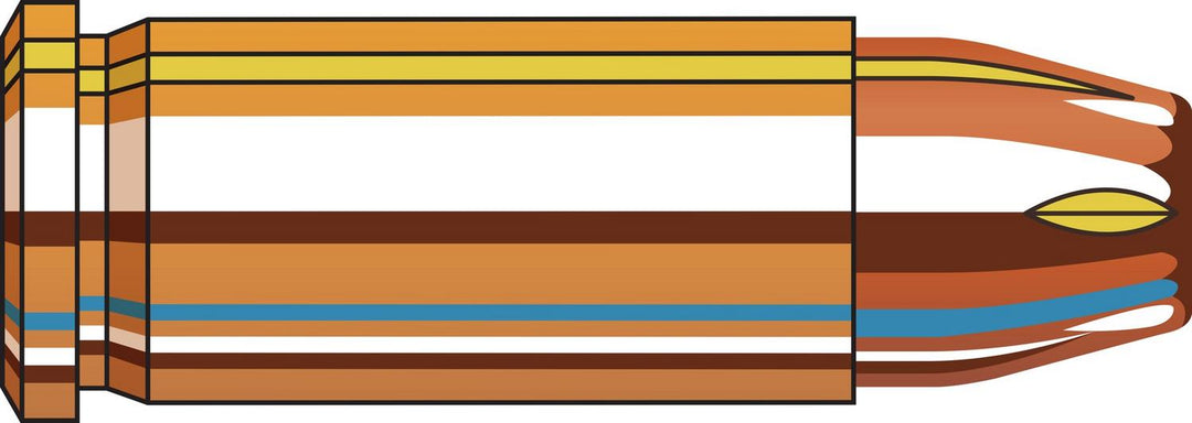 Coloured cross-section diagram of a Hornady .25 Auto XTP cartridge, showing the brass case, primer, powder charge and the jacketed hollow-point bullet in layers