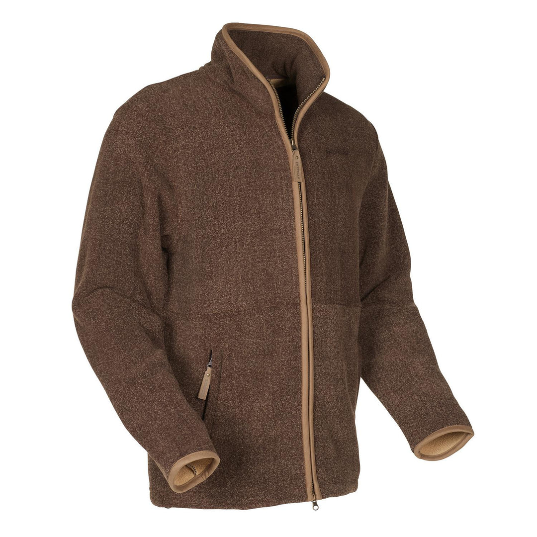 Three-quarter front view of the brown marl fleece, showing the zipped hand pockets and the tan-bound cuffs and collar.