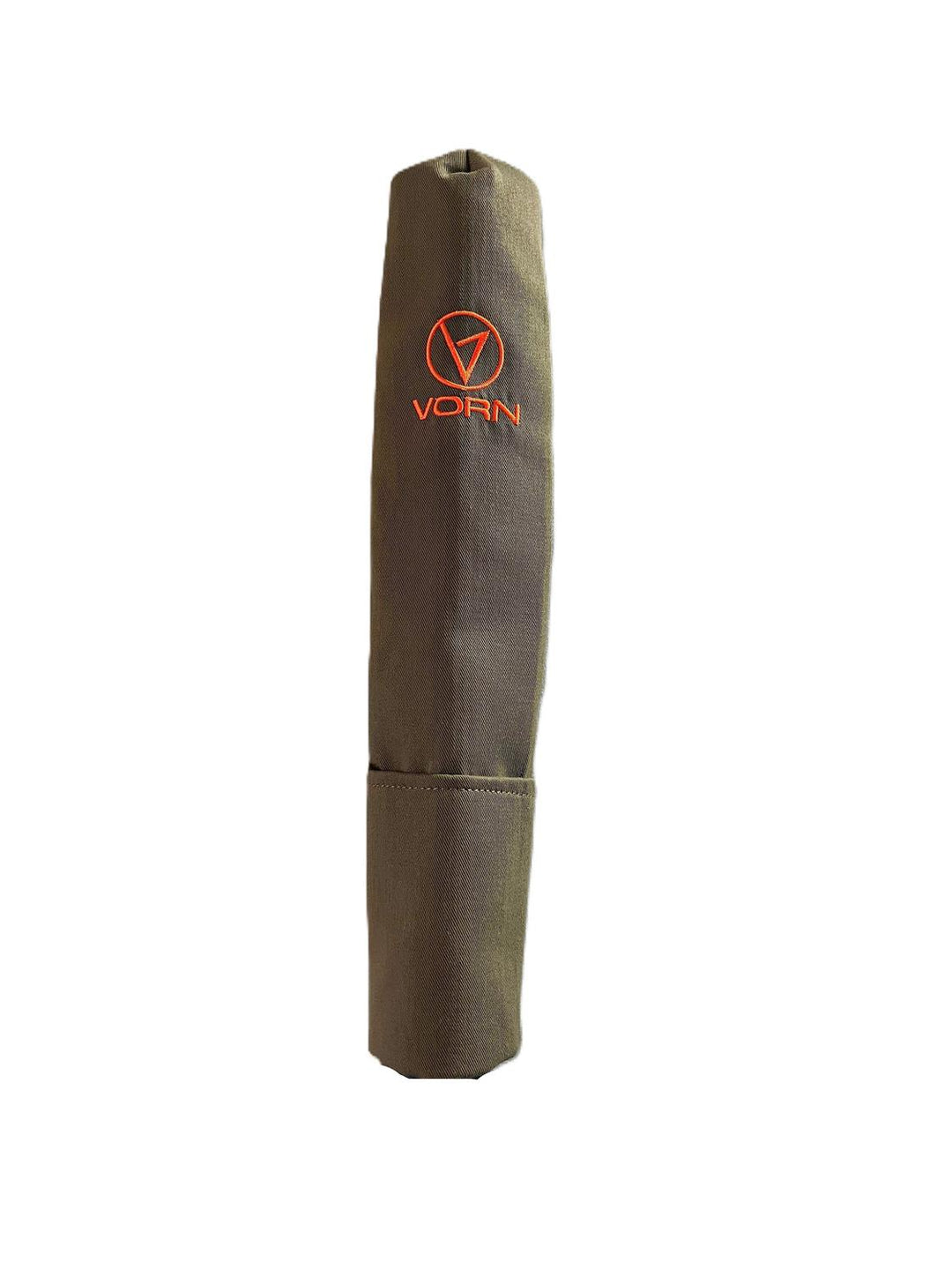 Vorn muzzle cover in olive green fabric, stood upright on white with the orange Vorn logo on the front and a folded base section