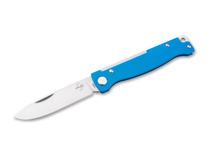 Böker Plus Atlas Blue folding knife with blue handle and satin blade open, side view on white background