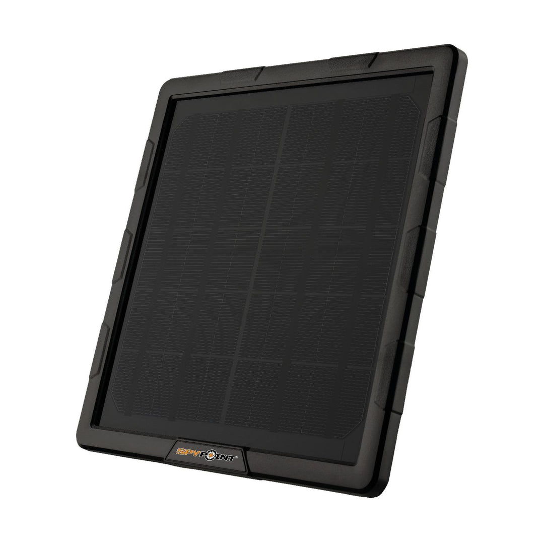 Spypoint SPLB-10 compact solar panel, front-on view of the square black photovoltaic panel in a ribbed rubber surround with the SpyPoint logo