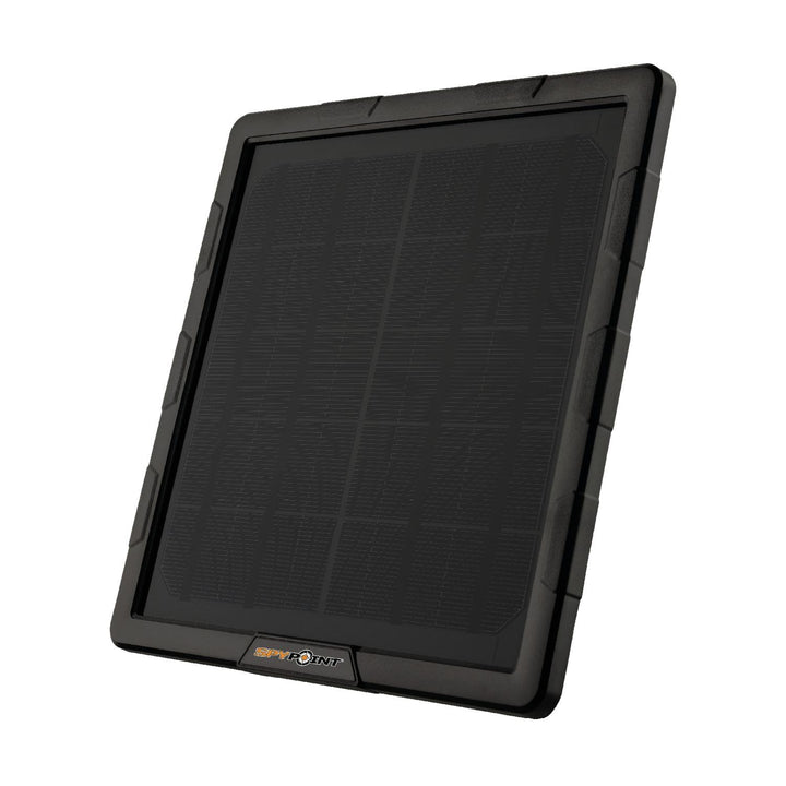 Spypoint SPLB-10 compact solar panel, front-on view of the square black photovoltaic panel in a ribbed rubber surround with the SpyPoint logo