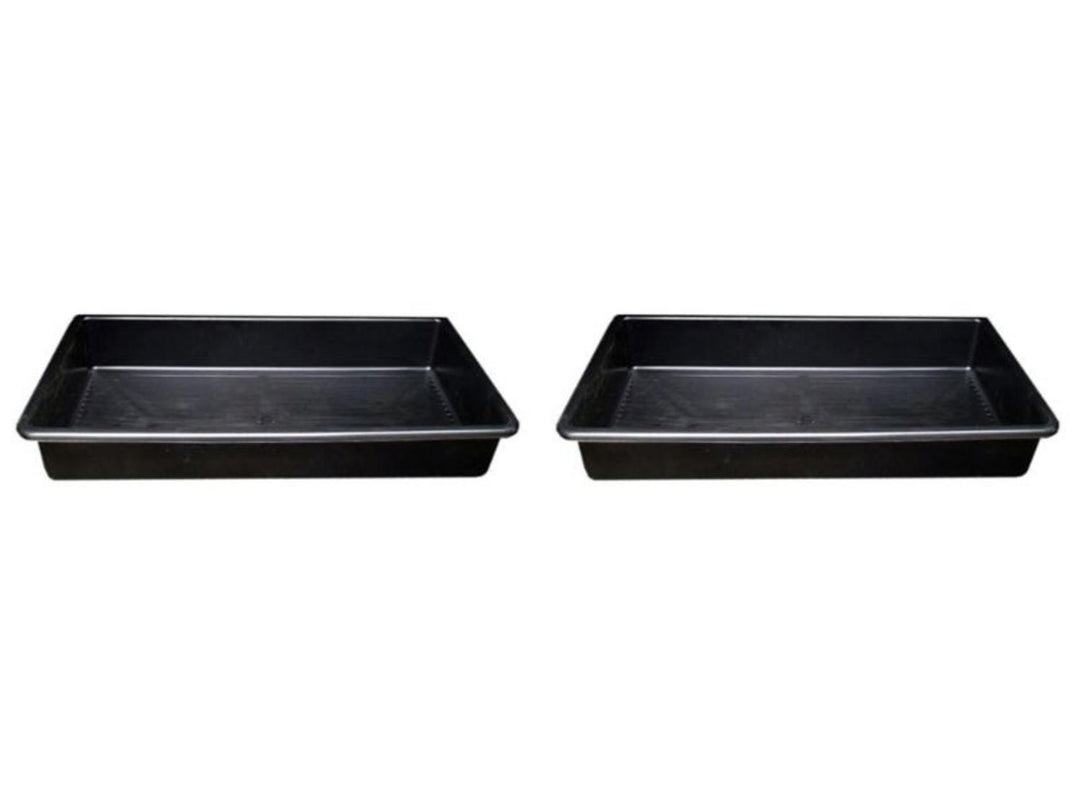 Pair of black plastic rectangular deer carcass trays from the Garlands Roe bundle, shown side by side from a slightly raised angle on white.