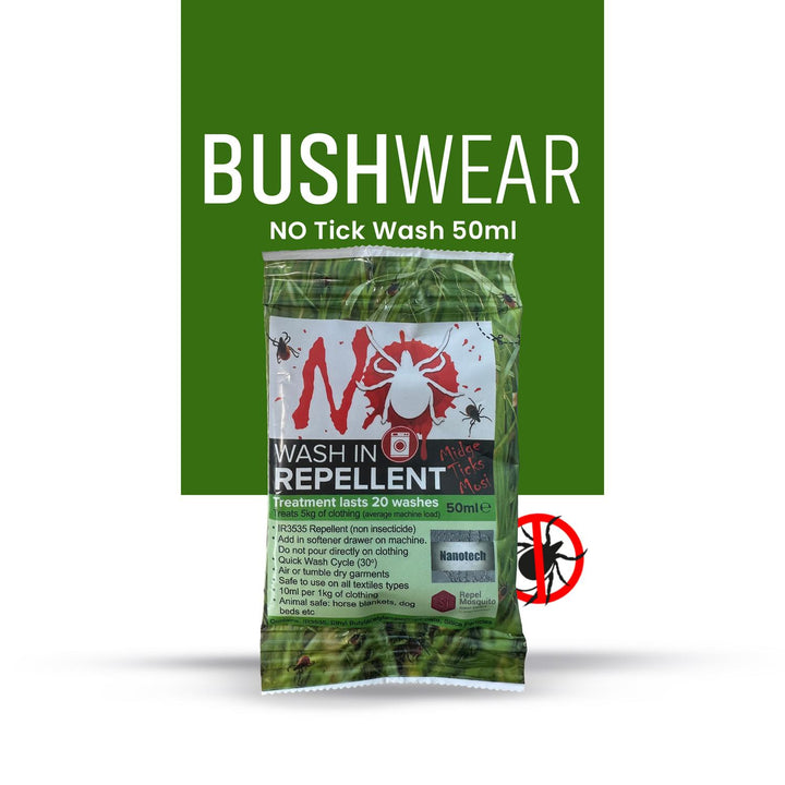 BushWear brand panel for NO Tick Wash 50ml with the product sachet