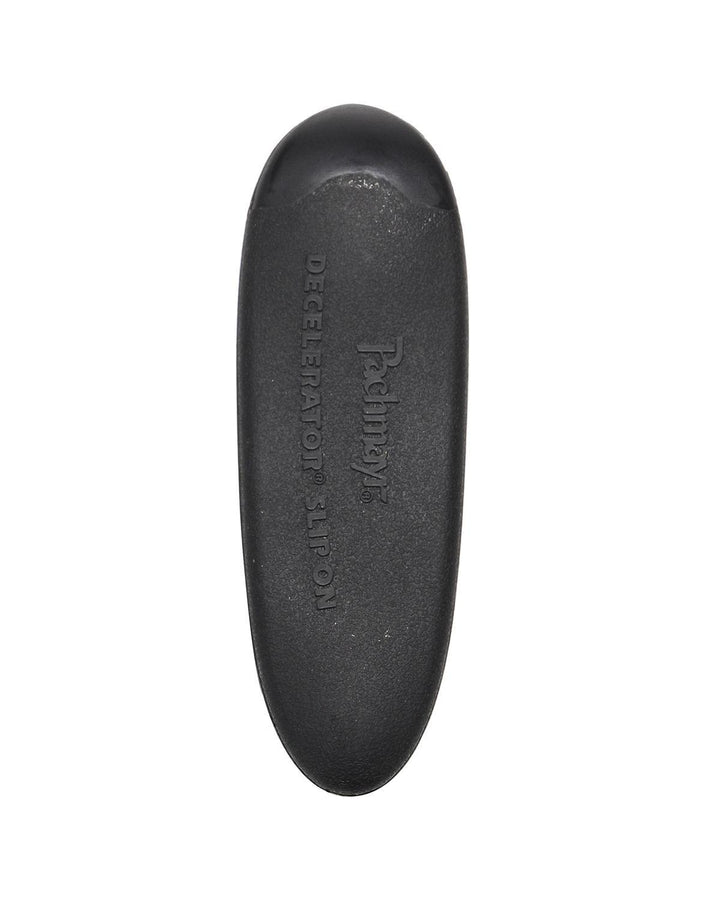 Pachmayr Decelerator slip-on recoil pad in black, face-on view of the oval butt pad with Pachmayr Decelerator Slip-On moulded into it