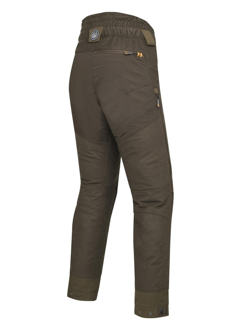 Beretta Matajur Windblock trousers in dark brown, rear three-quarter view showing the zipped back pocket and cuffed hems