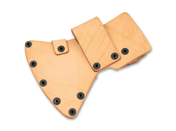 Böker Plus Appalachian axe sheath in natural tan leather, reverse side with riveted belt loops