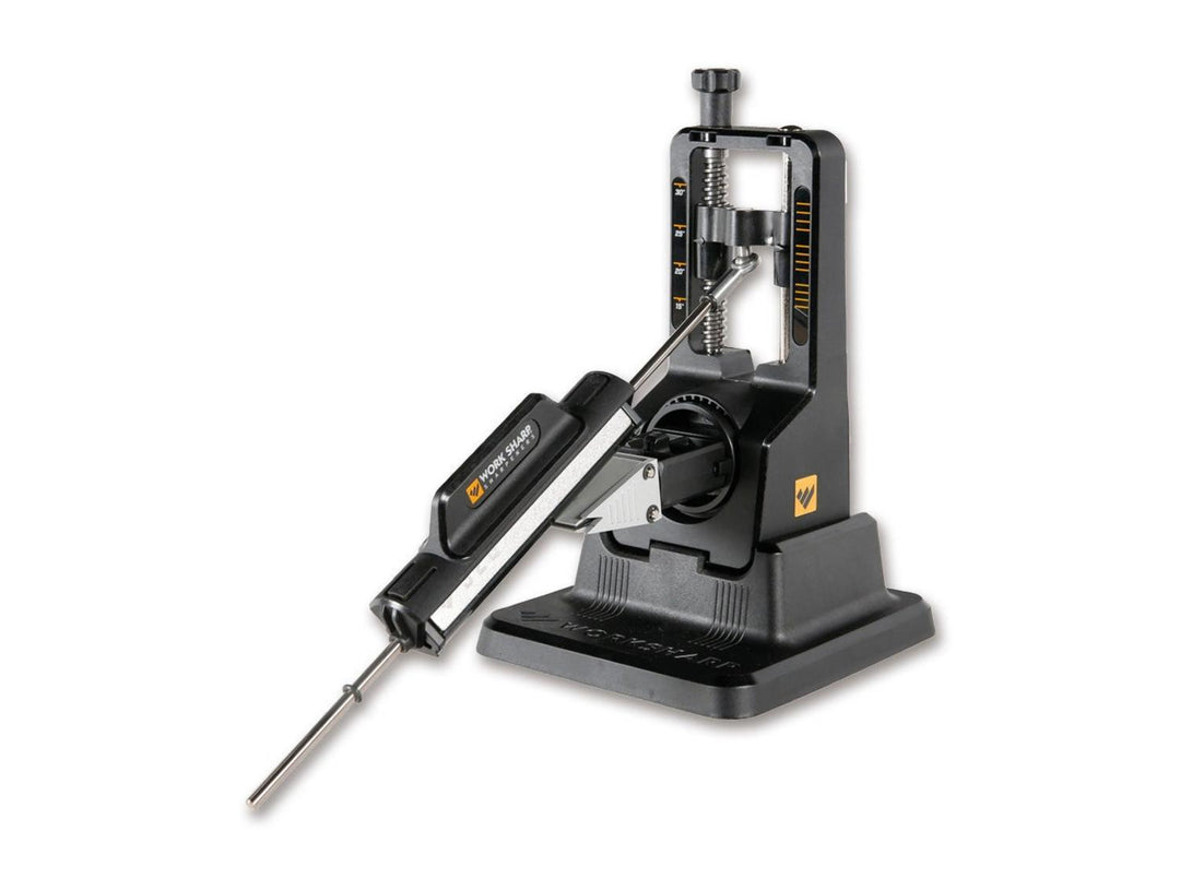 Work Sharp Precision Adjust knife sharpener, black angle guide base with sharpening rod attached, three-quarter view on white