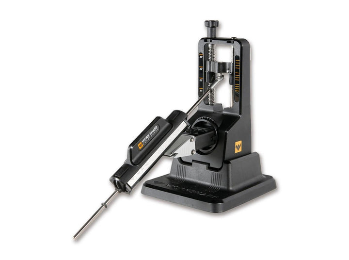 Work Sharp Precision Adjust knife sharpener, black angle guide base with sharpening rod attached, three-quarter view on white