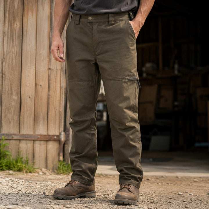 Man wearing the No Tick Forest Trousers standing in front of a wooden barn door