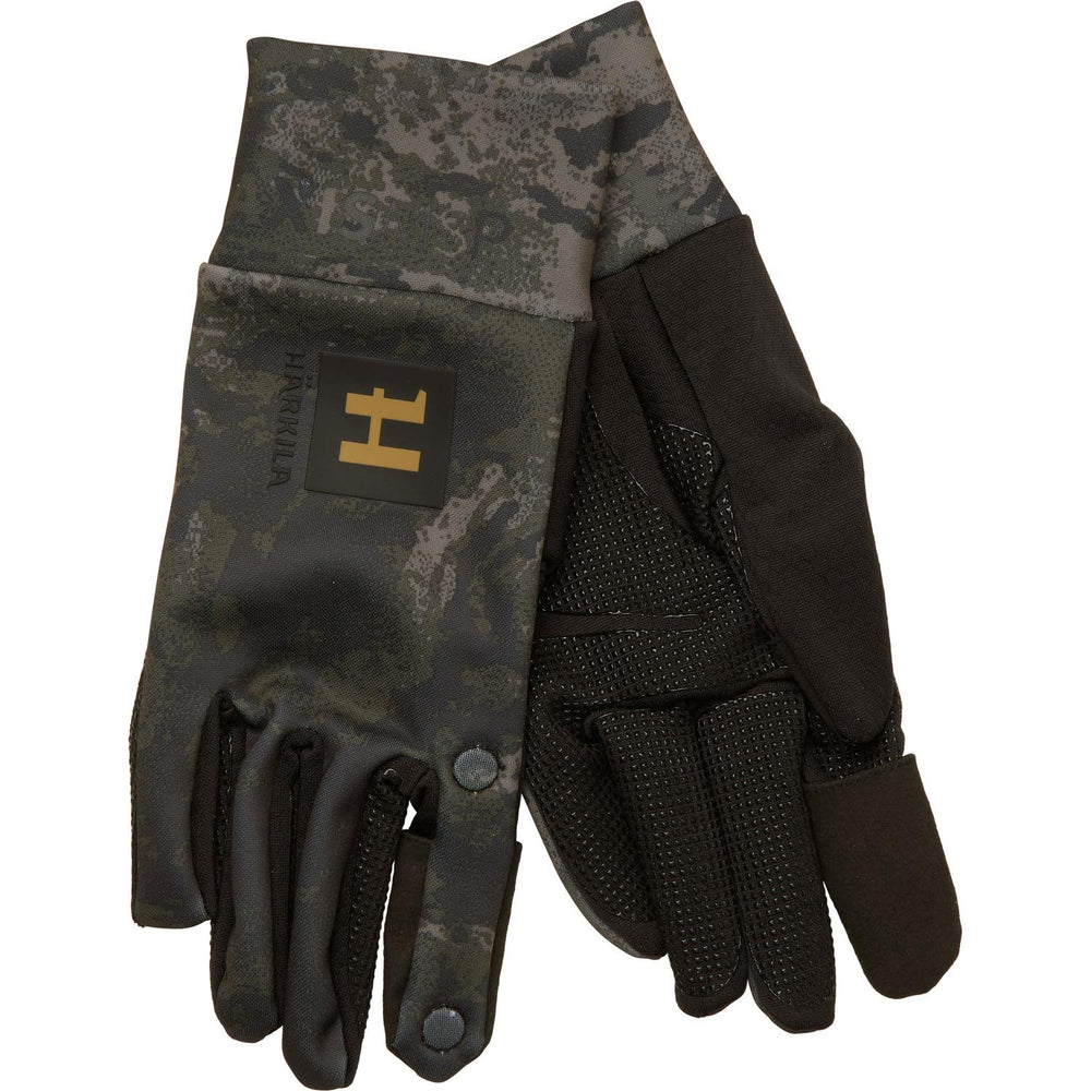 Repeat studio shot of the Harkila NOCTYX glove pair, back and palm side by side, with the press-stud that holds the folded-back fingertip clearly visible.