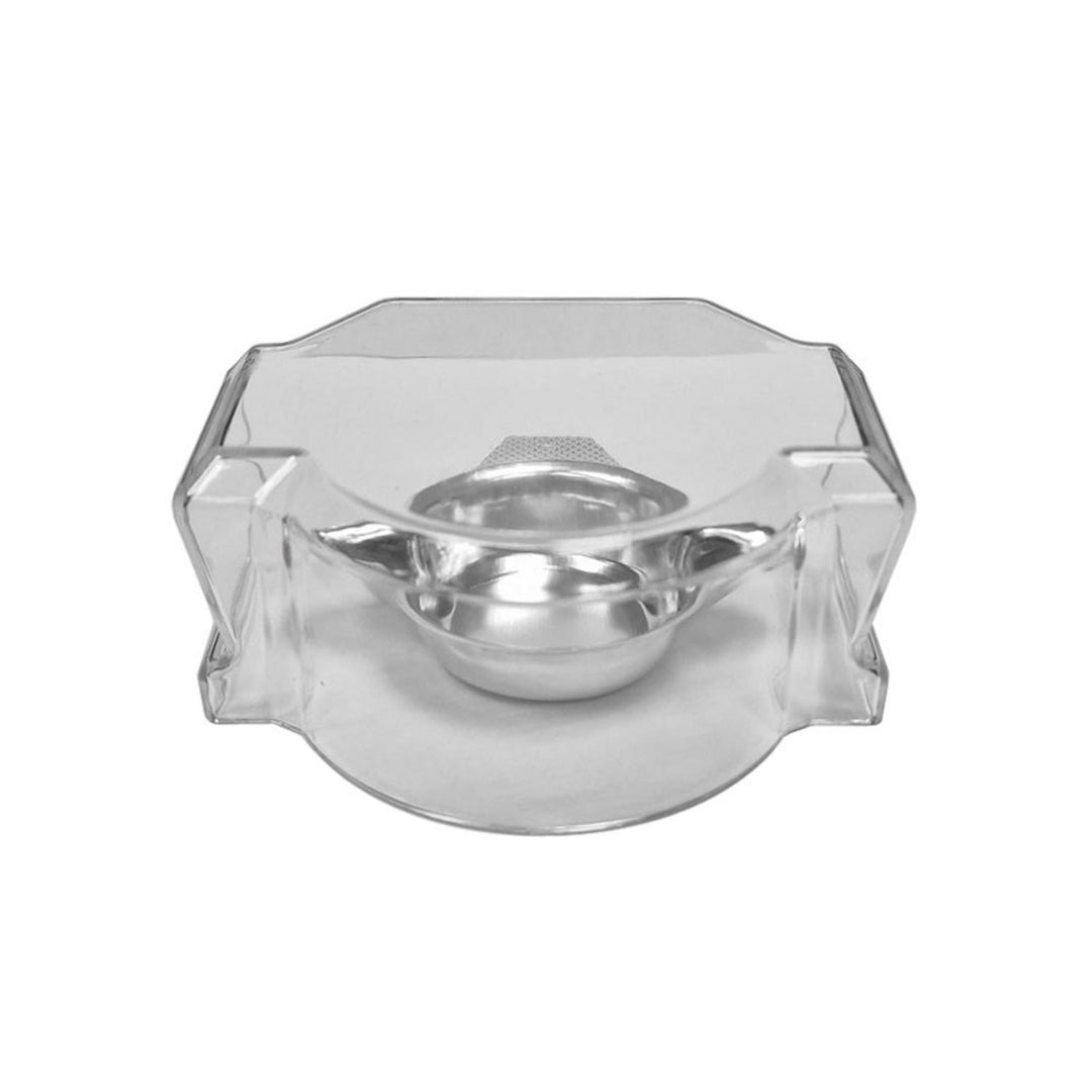 Frankford Arsenal Intelli-Dropper powder pan cover, clear moulded plastic lid with a domed centre and side tabs, three-quarter view