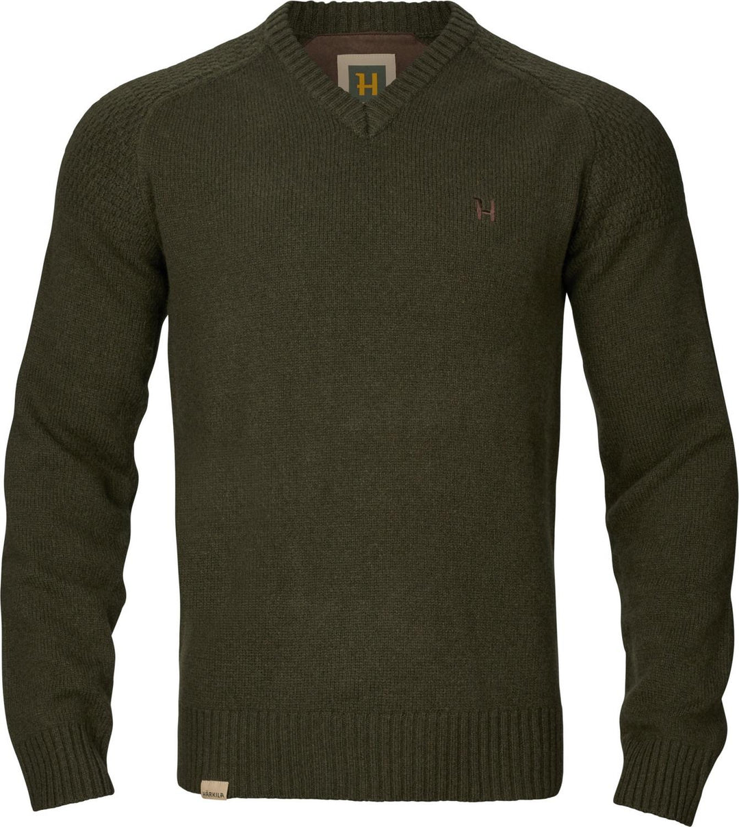 Harkila Vincent merino v-neck pullover in rosin green – view 7: front view of the jumper on an invisible mannequin