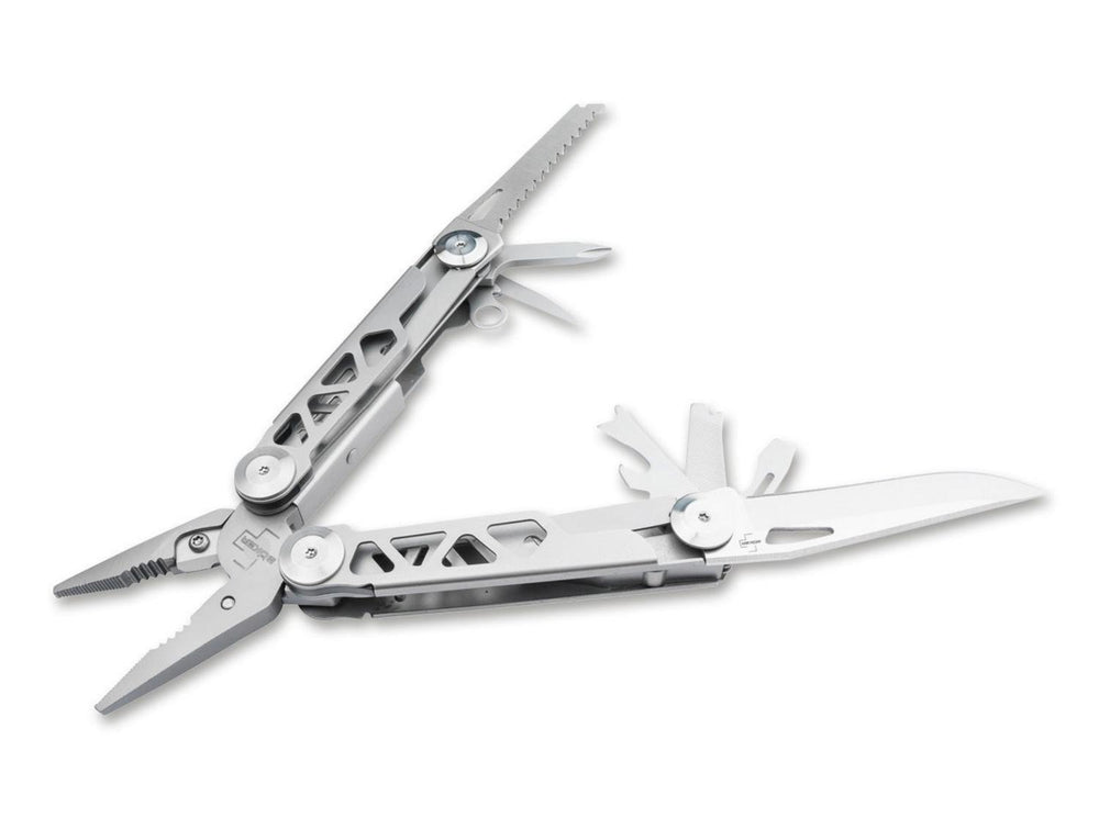Böker Plus Specialist Pro multitool with pliers and tools partly open, angled view on white