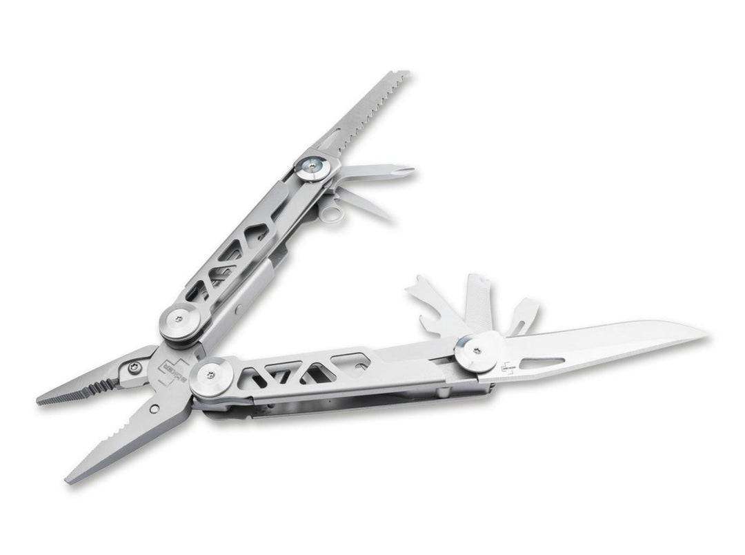 Böker Plus Specialist Pro multitool with pliers and tools partly open, angled view on white