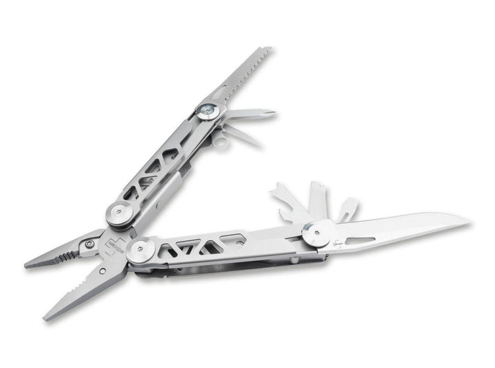 Böker Plus Specialist Pro multitool with pliers and tools partly open, angled view on white