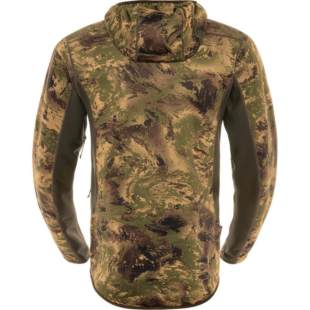 Härkila Deer Stalker camo fleece hoodie in AXIS MSP Forest, back view showing the camo back panel, dark olive underarm panels and the hood laid flat