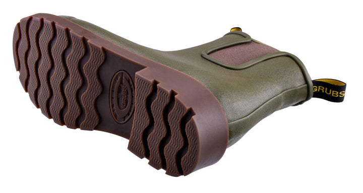 Grubs Bromley 4.0 women's waterproof Chelsea boot in olive green, sole shown from below with tread pattern