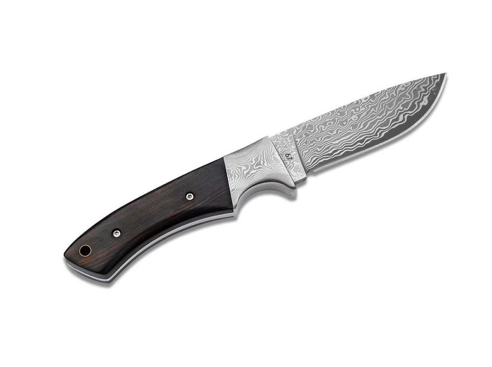Böker Plus M-One Damascus hunting knife with Damascus blade pointing right and dark wood handle, reverse view
