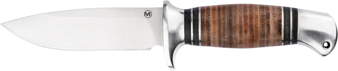 Böker Magnum Leatherneck Hunter fixed blade knife with M-marked satin blade and stacked leather handle, side view with blade pointing left