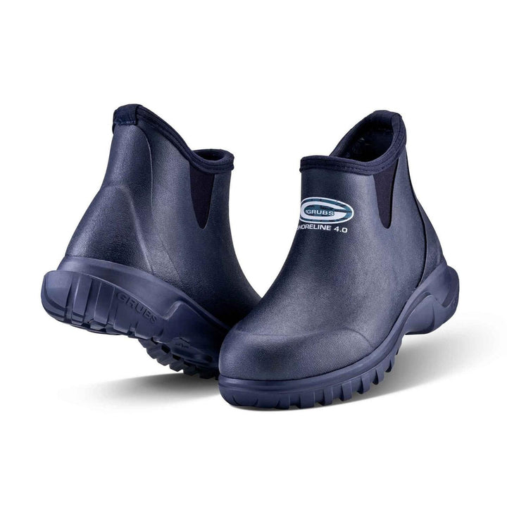 Grubs Shoreline 4.0 waterproof walking boots in navy blue, pair shown from the front three-quarter