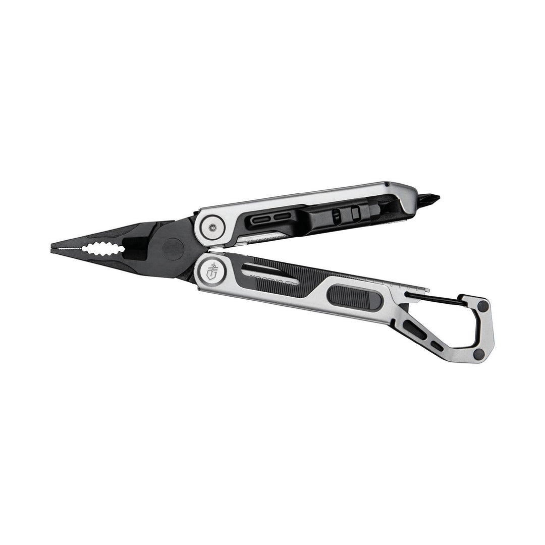 Gerber Stakeout Drive multi-tool in silver, shown open with the needle-nose pliers extended and the carabiner handle end to the right