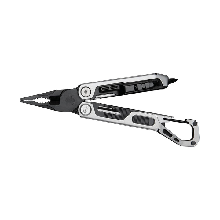 Gerber Stakeout Drive multi-tool in silver, shown open with the needle-nose pliers extended and the carabiner handle end to the right