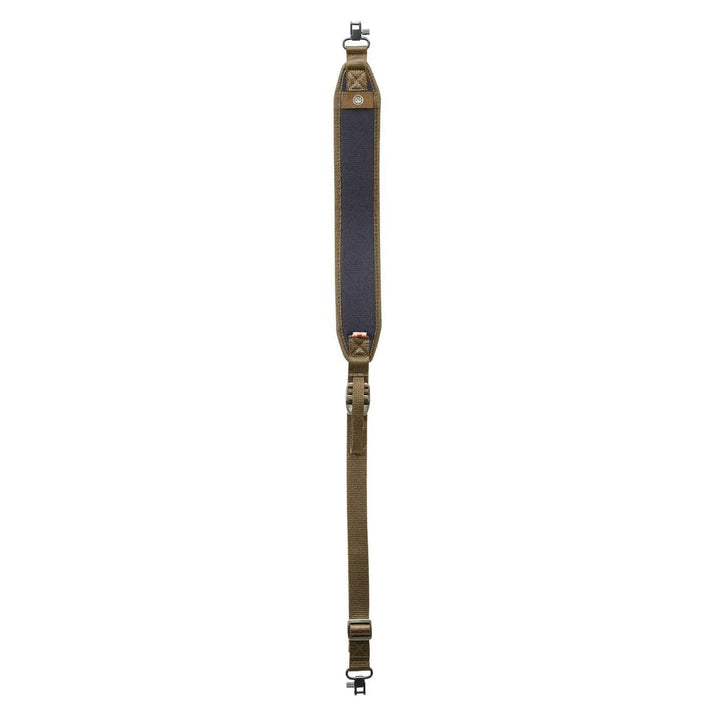 Beretta NEO adjustable gun sling in Otter and Ebony, laid out vertically full length with the dark padded shoulder section, olive webbing tail and metal sliders and swivels.