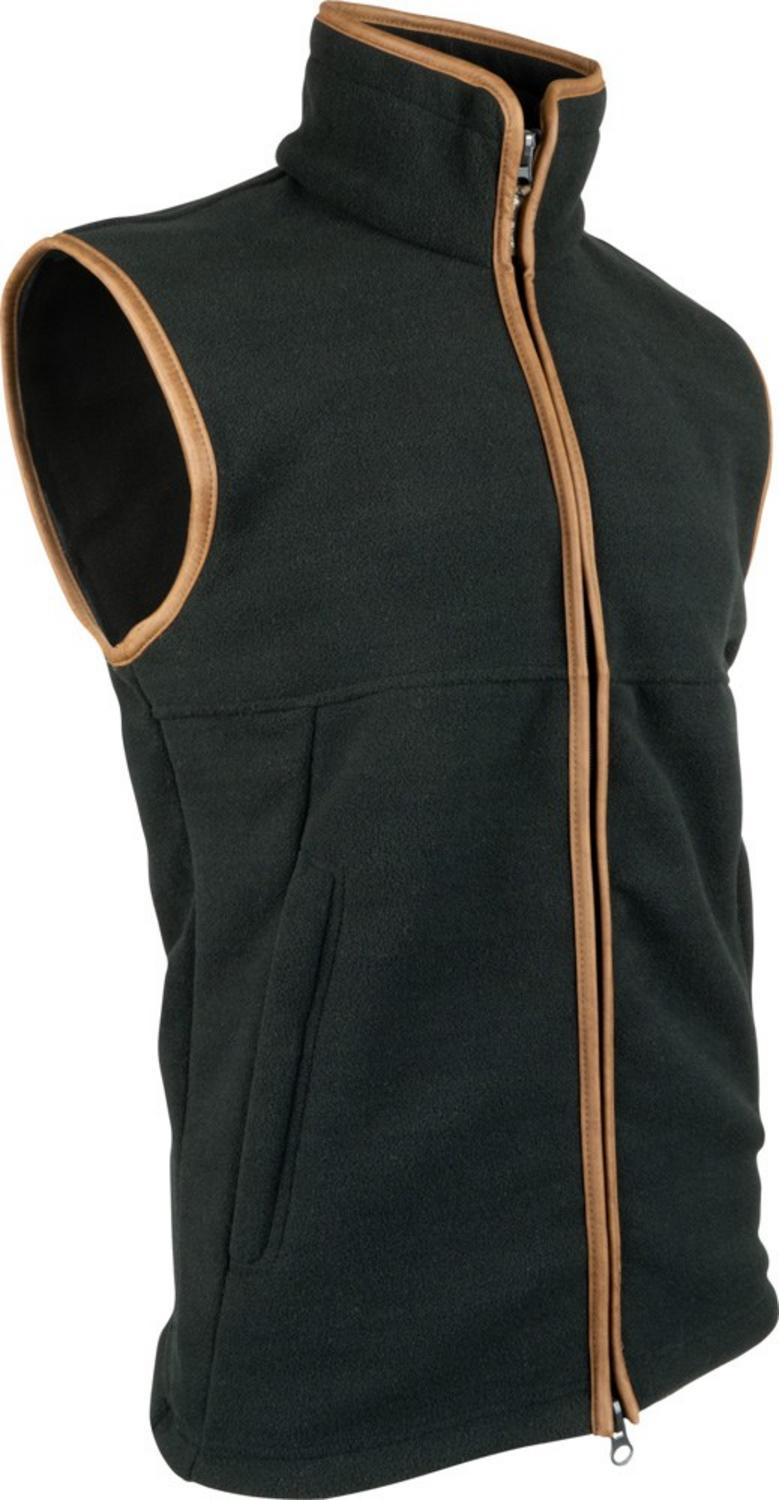 Jack Pyke Countryman Fleece Gilet in dark bottle green, front three-quarter side view of the fleece bodywarmer with tan trim, on white.