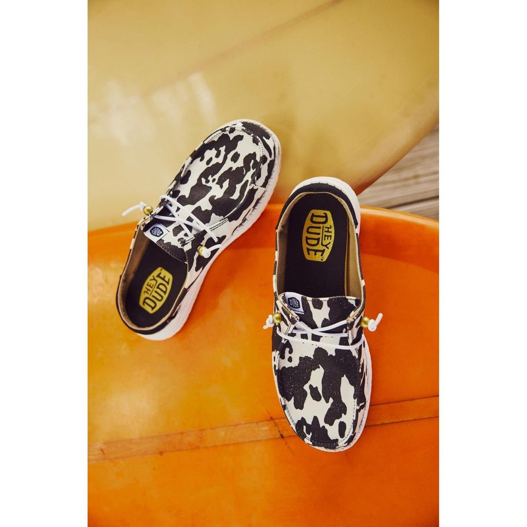 HEYDUDE Wendy Slip Classic Mule White/Black Cow Print