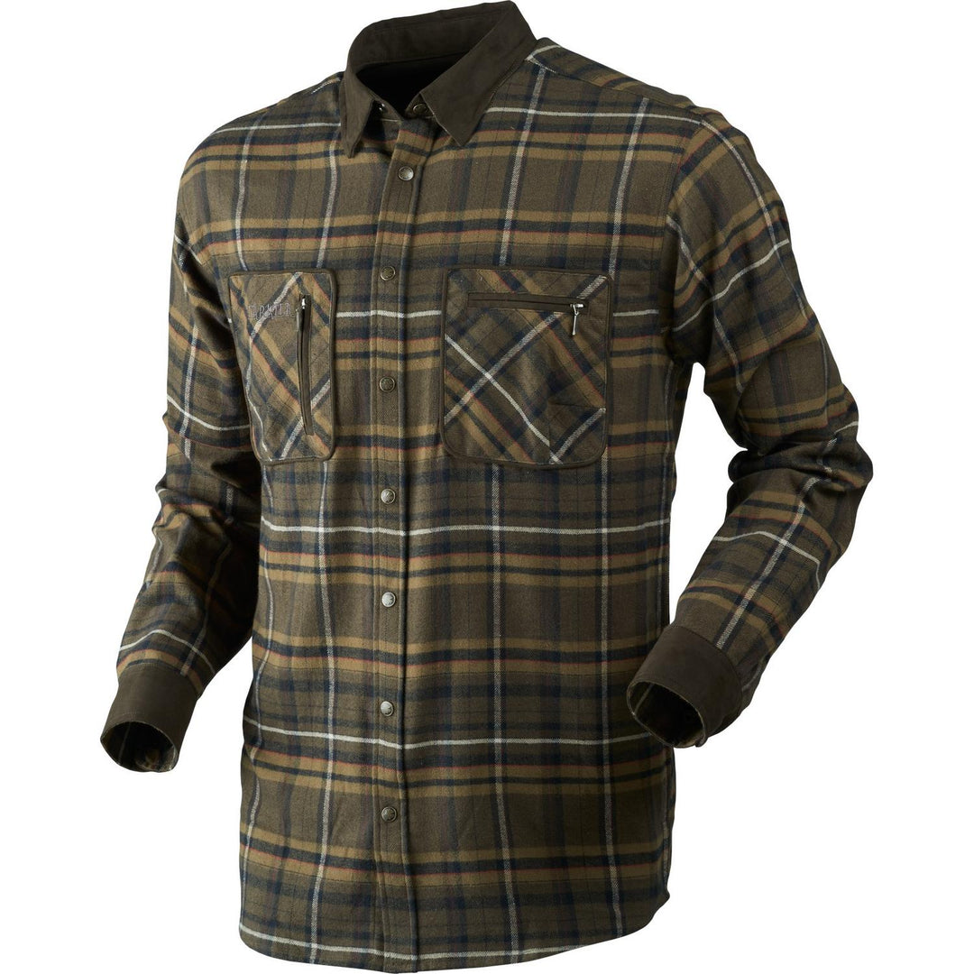 Harkila Pajala shirt in olive and tan check flannel, front view with two flapped chest pockets and contrasting dark green collar and cuffs.