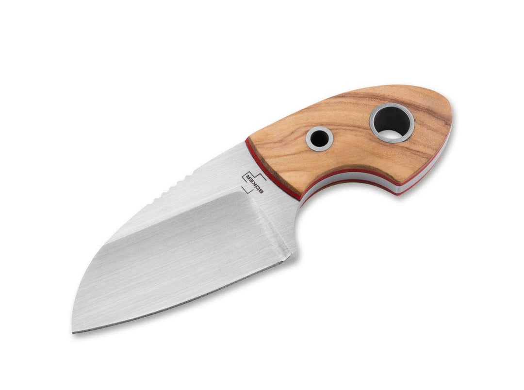 Böker Plus Gnome Olive D2 fixed blade knife with olive wood handle and satin D2 sheepsfoot-style blade, side view