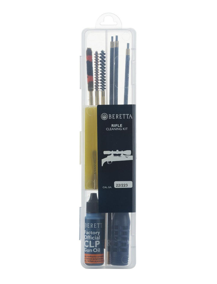 Second view of the Beretta CK rifle kit in its clear retail pack, hanging-tab card marked Rifle Cleaning Kit 22/223, the rods and brushes visible through the plastic.