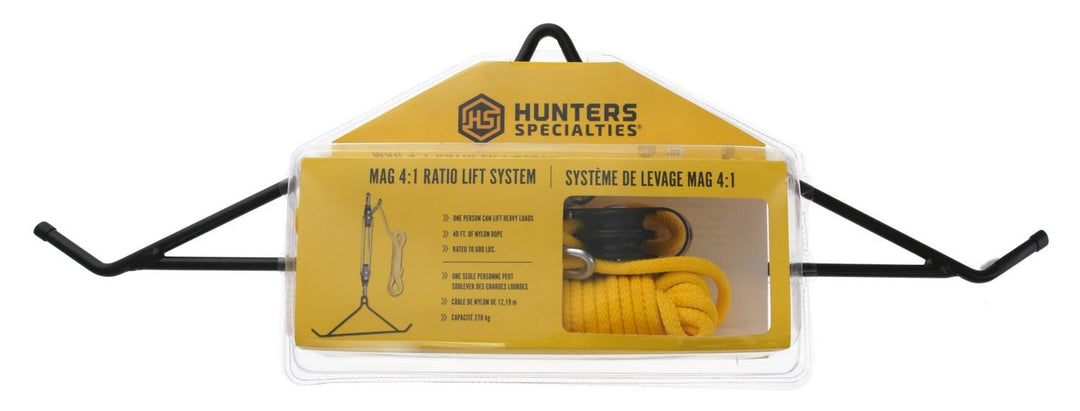 Hunter Specialties Mag 4:1 ratio lift system in its retail packaging, yellow and black pack with gambrel visible