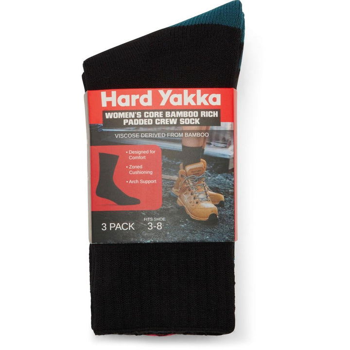 Hard Yakka Women's Core Bamboo Rich Padded Crew Sock - 3 Pack Multicoloured
