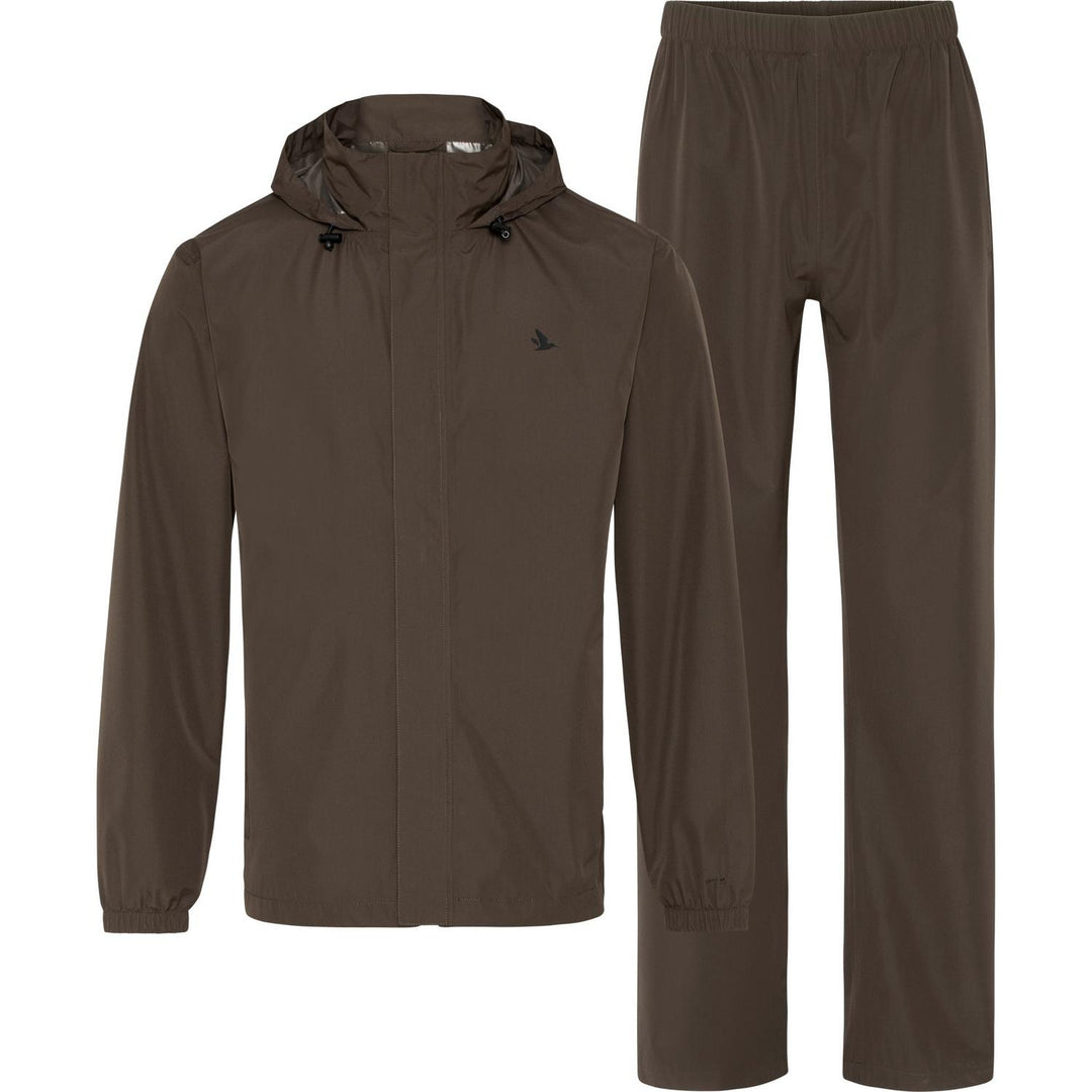 Seeland Taxus rain set in dark olive-brown, flat lay of the hooded jacket beside the matching elasticated-waist trousers