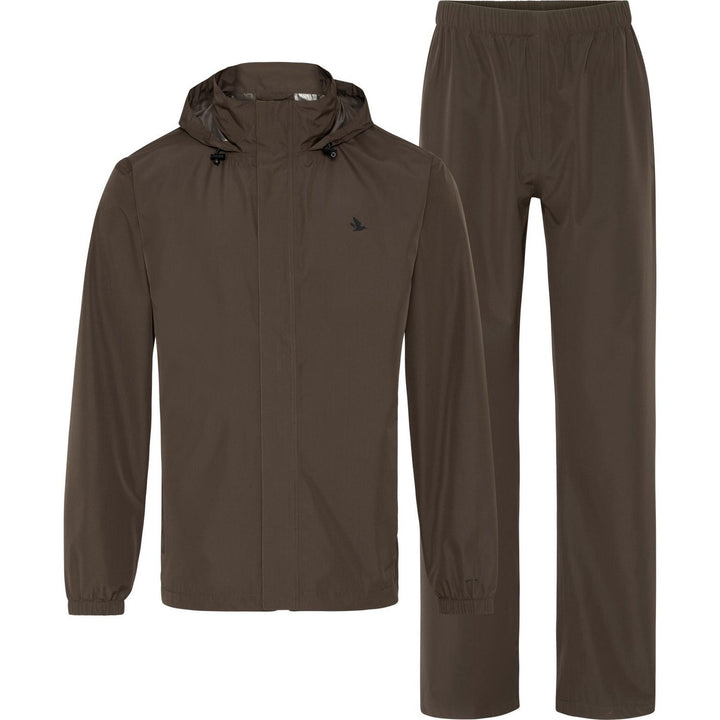 Seeland Taxus rain set in dark olive-brown, flat lay of the hooded jacket beside the matching elasticated-waist trousers