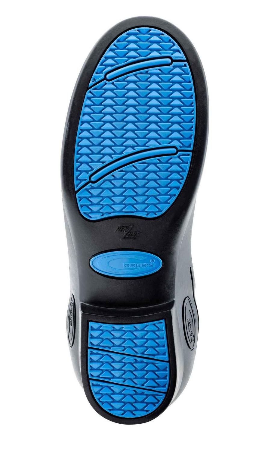 Sole of the Grubs Rideline 5.0 women's riding wellington boot shown from below, blue and black tread
