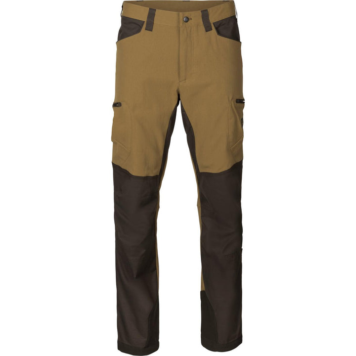 Härkila Ragnar trousers in khaki-tan with dark brown reinforced hips, knees and lower legs, front view laid flat with thigh cargo pockets