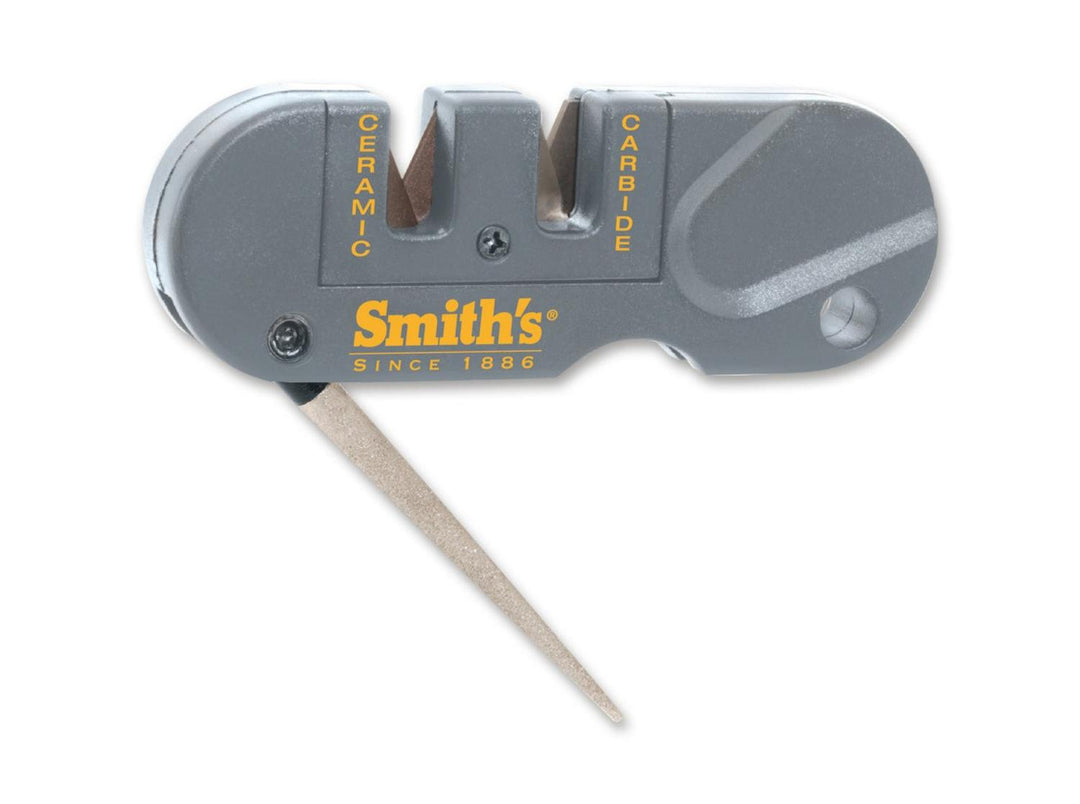 Smith's Pocket Pal knife sharpener in grey with ceramic and carbide slots and fold-out tapered diamond rod, front view