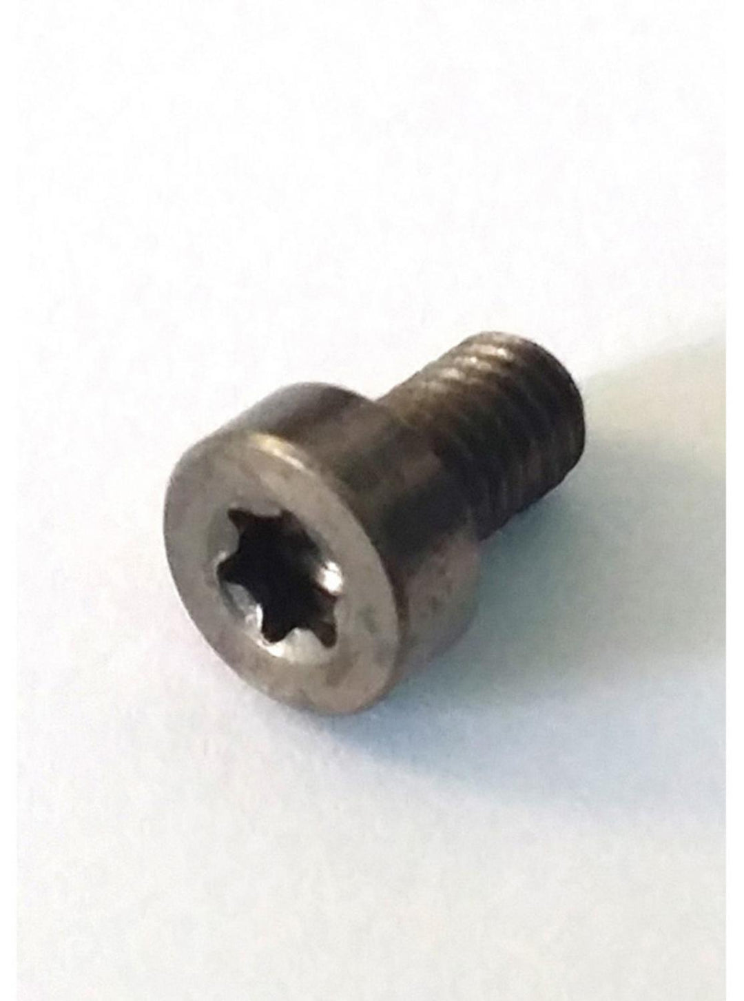 Optilock ring-to-base screw, a single short stainless steel screw with a Torx T25 star socket head, close-up on a pale background
