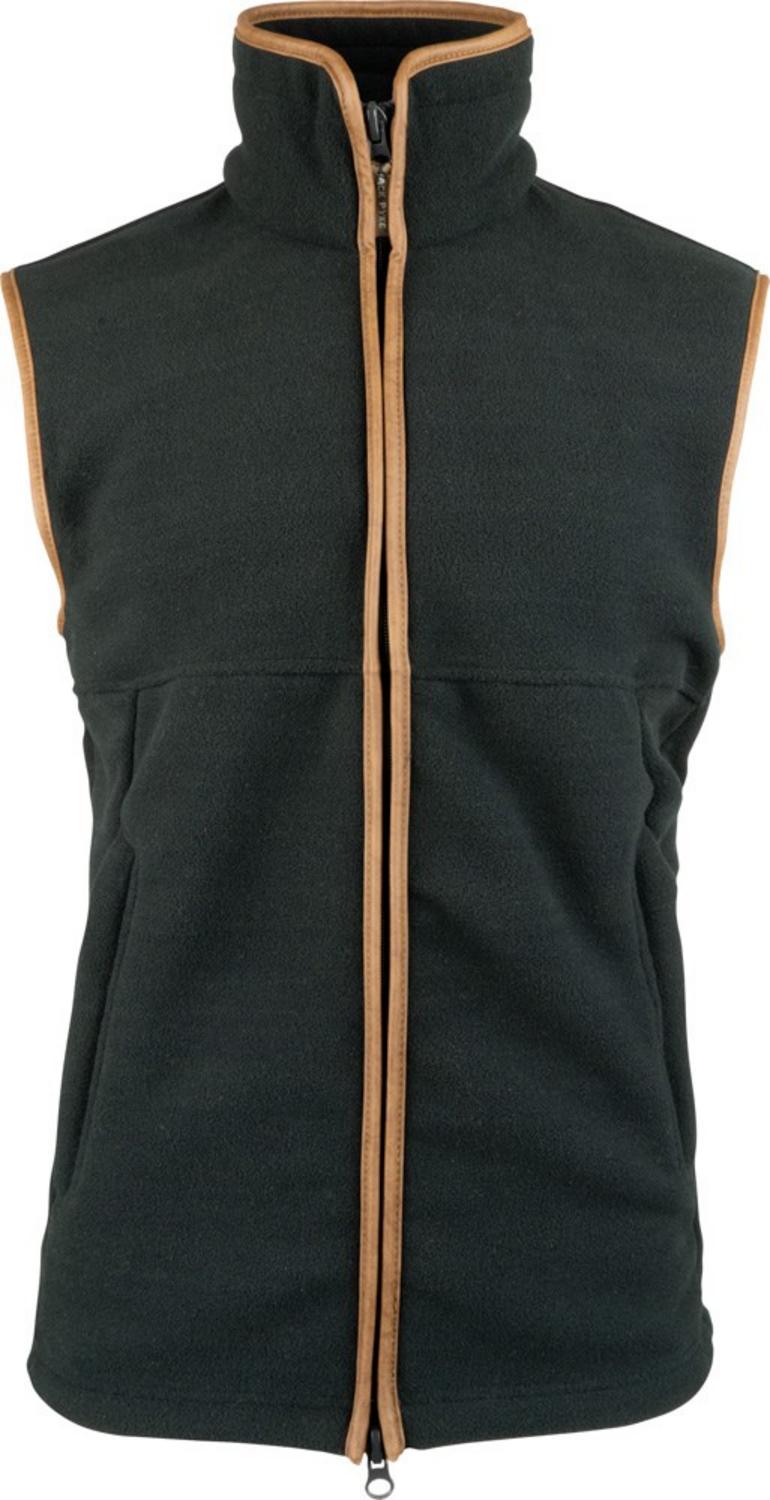 Jack Pyke Countryman Fleece Gilet in dark bottle green, front flat view of the full-zip fleece bodywarmer with tan trim, on white.