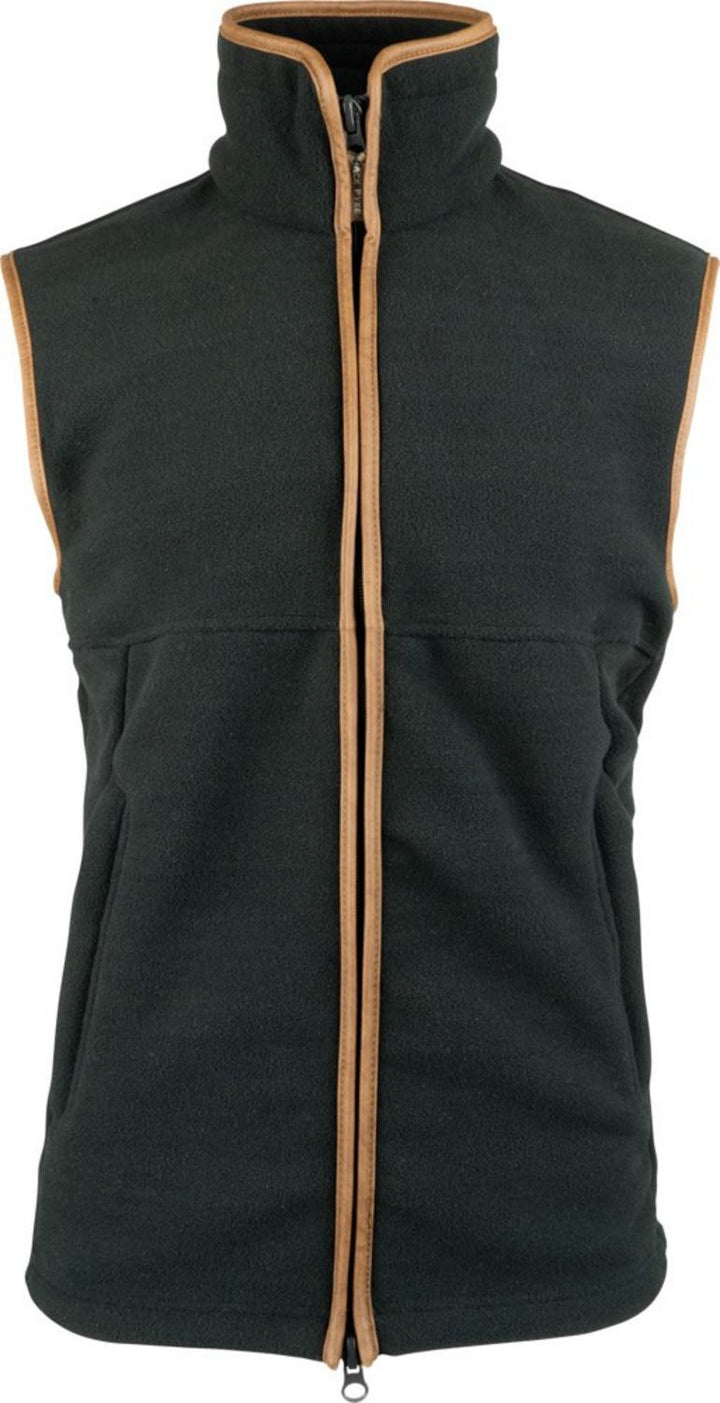 Jack Pyke Countryman Fleece Gilet in dark bottle green, front flat view of the full-zip fleece bodywarmer with tan trim, on white.