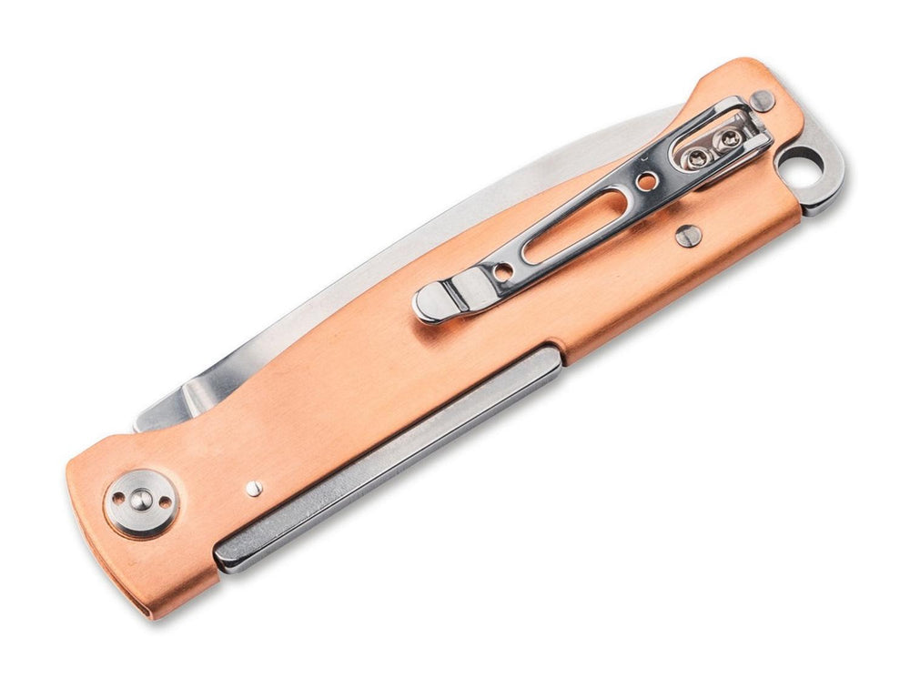 Böker Plus Atlas Copper folding knife closed, copper handle with pocket clip, angled view