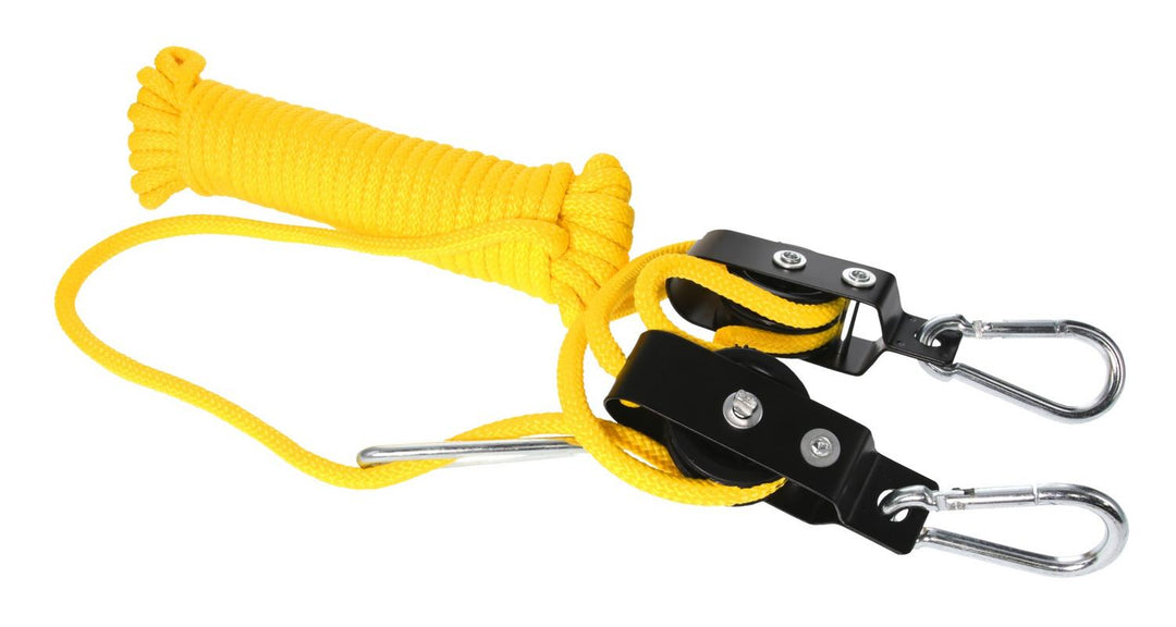 Yellow rope and two black ratchet pulleys with carabiner clips from the Hunter Specialties Mag 4:1 lift system