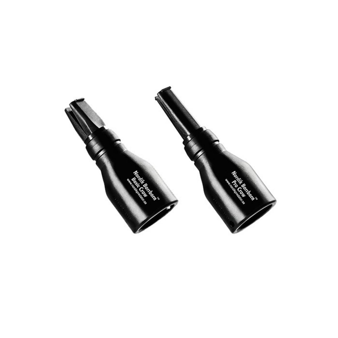 Pair of black Nordik Barrborn crow calls standing side by side, small tapered aluminium calls with branded labels
