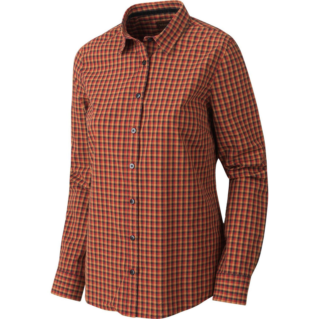 Harkila Selja ladies' check shirt, front three-quarter view from the right showing the buttoned placket and long sleeves.