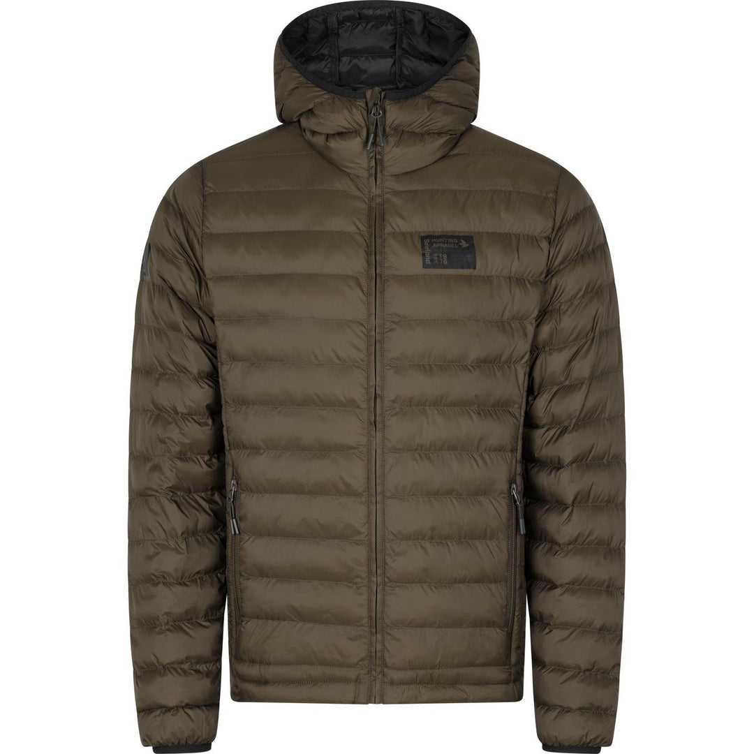 Seeland Fahrenheit jacket in olive, front view of the quilted puffer jacket with hood and front zip