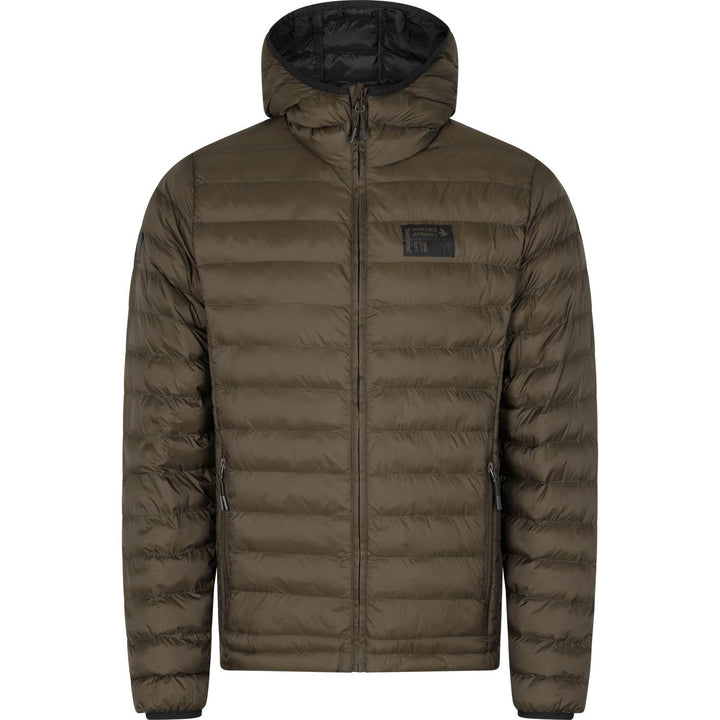 Seeland Fahrenheit jacket in olive, front view of the quilted puffer jacket with hood and front zip