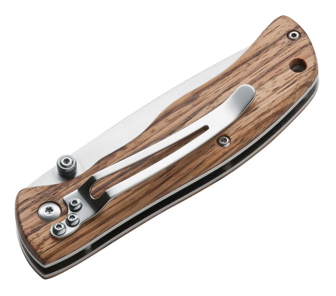 Böker Magnum Backpacker folding knife with wooden handle, satin blade and steel pocket clip, back view on white